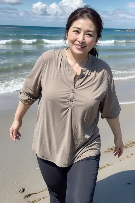 Aunt in Osaka、Organic Photography、Best quality、masterpiece、Ultra HD、Beautiful old lady、[50 years old、Elegant face，Happy and charming，Smile，Wear a brightly colored chiffon shirt，Dark Grey Nylon Leggings，Severe sagging breast contour，Ponytail，Real skin textu...