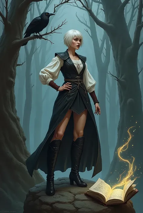 In RPG style, in style of Dungeons & Dragons, in style of fantasy painting, hand-drawn, full color. Full body view, image offemale Witch with short white hair, black lips, black nails. Black high leather boots, a medieval white blouse with a dark leather v...