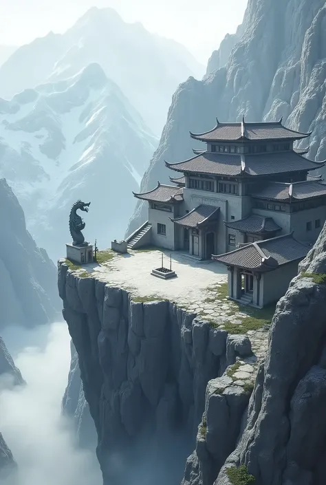 A remote mountain monastery perched atop rugged cliffs, accessible only by a narrow, winding path. The buildings are constructed from grey stone, blending into the rocky landscape, with dark tiled roofs and minimal decoration. A large central courtyard is ...