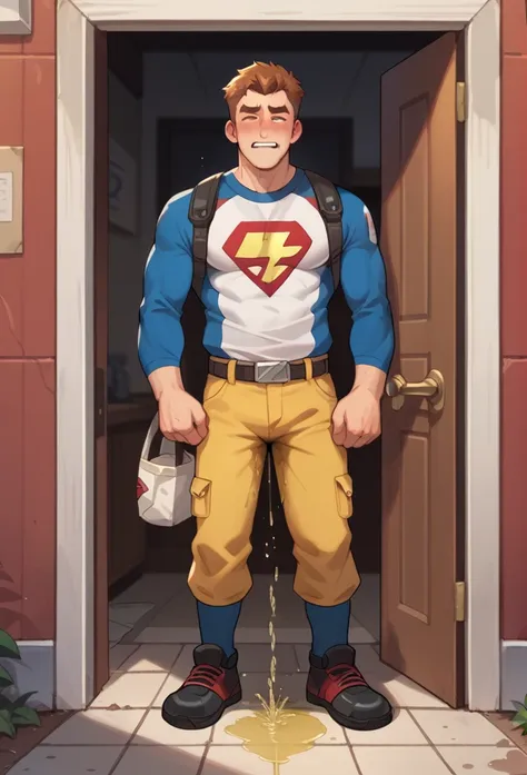 20 years old slender and mascular man, wearing super man hero suirs, he is peeing himself in front of a door. he couldn't hold h...