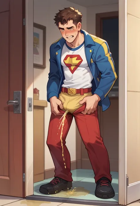 20 years old slender and mascular man, wearing super man hero suirs, He is peeing himself in front of a door. He couldnt hold his pee. There is a large pee wet spot on his crotch. Pee stain on his pants. Pee wet spot on his crotch. He is ashamed of peeing ...