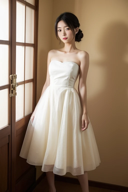 The complex 50s、Please draw a Japanese woman in color..。Please make it look realistic.。She wore natural makeup and a strapless dress..、See-through and cool。Can I have a summer sleeveless dress, please?。I&#39;Iอยากได้เครื่องประดับและยาทาเล็บด้วย.。Please foc...