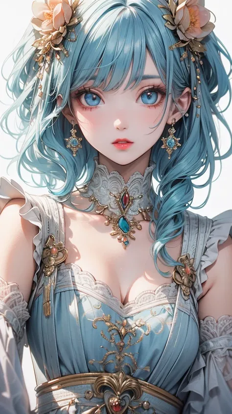 Highest quality, masterpiece, Ultra-high resolution, Super detailed, beautifully, aesthetic, (Beautifully detailed face), (Beautiful attention to detail), Detailed,Light blue hair, Turquoise Eyes, Long eyelashes, Big Red Lips, Apricot-colored eyes, beauty,...