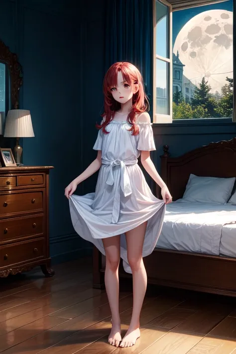  extremely beautiful eleven year old , long red hair , green eyes , white dress , barefoot , in the room , Standing , legs open , HEAD ON , hands on waist , face turned to the right , full body , bedroom lights off , open window showing the moon , perfect ...