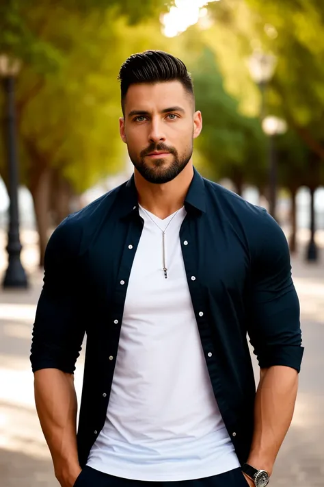 1man, a charismatic male fitness model, 30 years old, small beard, beautiful blue eyes, upset expression, posing in a Barcelona park, wearing a shirt and black pants, ultra-detailed, photorealistic, 8k, cinematic lighting, dramatic shadows, cinematic compo...