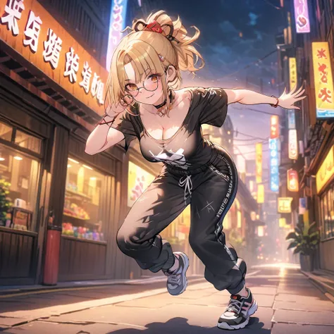 a stylish women wearing a graphic tee, baggy jeans, and trendy sneakers, full body shot, dynamic pose, urban street background, cinematic lighting, vibrant colors, high quality, detailed description,,8k,(xiao gong), full body, blonde hair,ponytail, hair or...