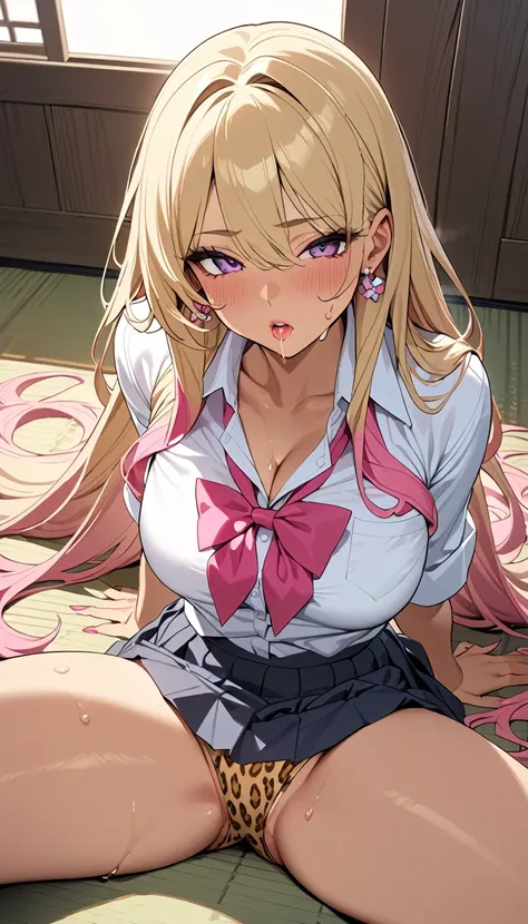 1scene,high quality,Super High resolution,High resolution illustration,masterpiece,Extremely detailed,Blonde HAIR,High resolution,Japanese,gyaru make,pink eyeliner,pink lip,earrings,(beautyfull girl has grossy lips ) ,school uniform,leopard print underwear...