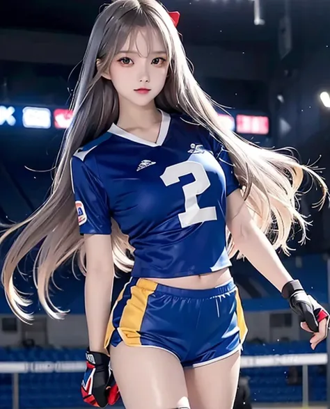   ((young  girl)), with long hair straight, football jersey 70 in shirt, high detailed, realistic, ultra realistic, football skin t shirt and ((football shinny blue short pant)), blue football skin shirt, hand gloves goal kick ,as goal keeper ((red eyes))