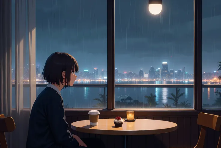 anime style, chill, lo-fi, 1girl\(sitting,listlessly looking out window\) is in a cozy retro cafe, outside window is heavy rain ...