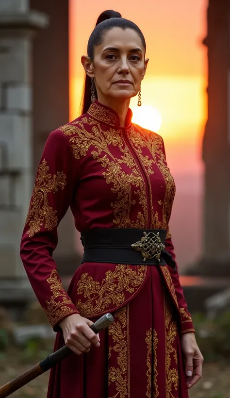 Imagina a una mujer The 60 años encarnando una versión madura y poTherosa The Li Mei, The *mortal kombat*, with the same grace and strength that characterizes her. Lleva un traje The combate tradicional, in deep red and gold tones, that fits your athletic ...