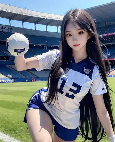   ((young and elder girls are relations partner)), with long hair straight, football jersey 70 in shirt, high detailed, realistic, ultra realistic, football skin t shirt and ((football shinny blue short pant)), blue football skin shirt, hand gloves goal ki...