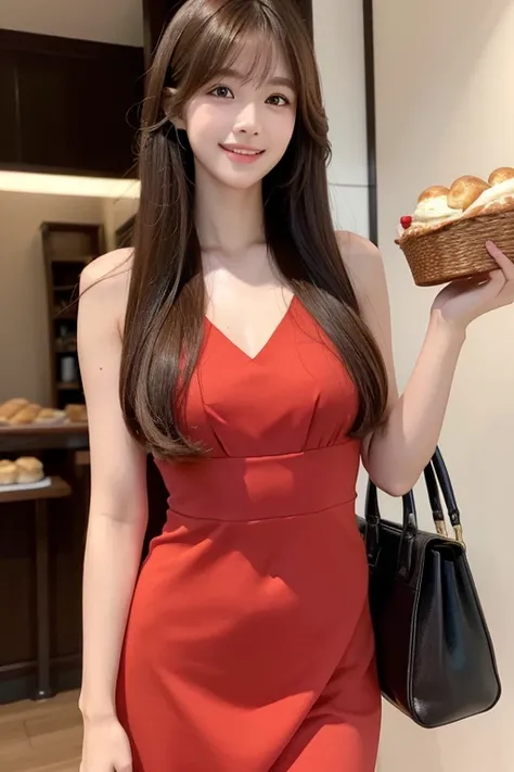 High resolution, Long Hair, , bangs, Brown Hair, Beautiful Face、chest、
165cm、２４age、Japanese、Model body type、smile、Natural Makeup、
Red dress、Black handbag、Bakery
