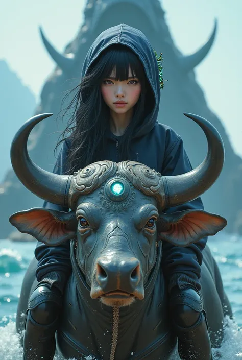 A attractive beautiful very young elemental girl, about to ride a gaint water Buffalo, with a familiar gaint water buffalo about rise from the sea, with European face features, both facing front, onyx hair color, wearing  a hoodie, wearing treasure grade f...