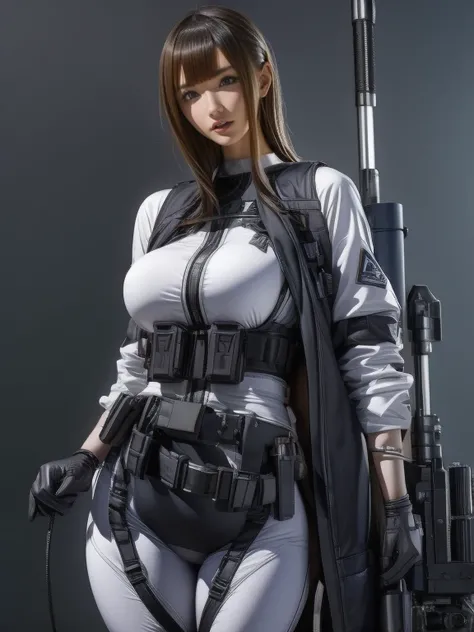 Please redeem、Amazing details、Ultra-high resolution、（realism：1.4）、（（close：0.75））、One woman is very condensed、Beautiful and delicate face、Perfect balance、Narrow your target audience、Large Breasts）、Brown Hair、（White Technology Suit）、（Cyborg Vs.. Police unifo...