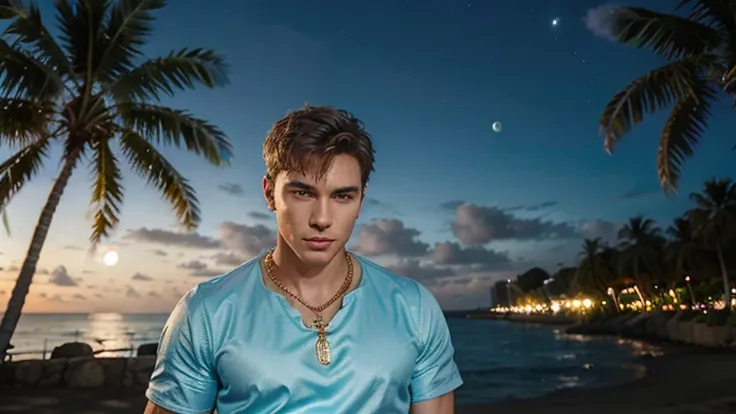 2 male pop star light blue dress, gold necklace, moonlight, big moon in the background, palm trees and rolling ocean, blurred background
