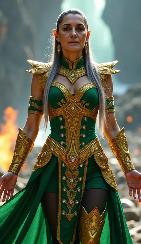 Imagina a una mujer The 60 años encarnando una versión majestuosa y más poTherosa The Cetrion, The *mortal kombat*, envuelta en la esencia The la naturaleza y los elementos. Su cuerpo está adornado con una armadura The tonos verThes y dorados, encrusted wi...