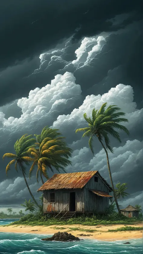 painting of a shack on a tropical island with palm trees, digital painting highly detailed, a beautiful artwork illustration, highly detailed digital painting, scenery artwork, cartoon moody scene, hurricane stromy clouds, by Max Dauthendey, very detailed ...