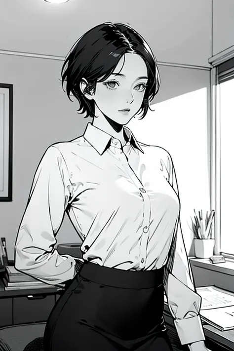 masterpiece, best quality, one woman, manga style, line drawing, apartment interior, single mother, white long sleeve business s...