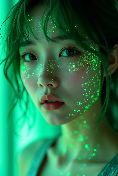 Perfect composition, Proper placement, extreme close up, Beautiful Japanese Women, Green Hair, green eyes:1.21, Clear Eyes, The entire face is covered with green-glowing semiconductor circuits., Silver leather tank top, 