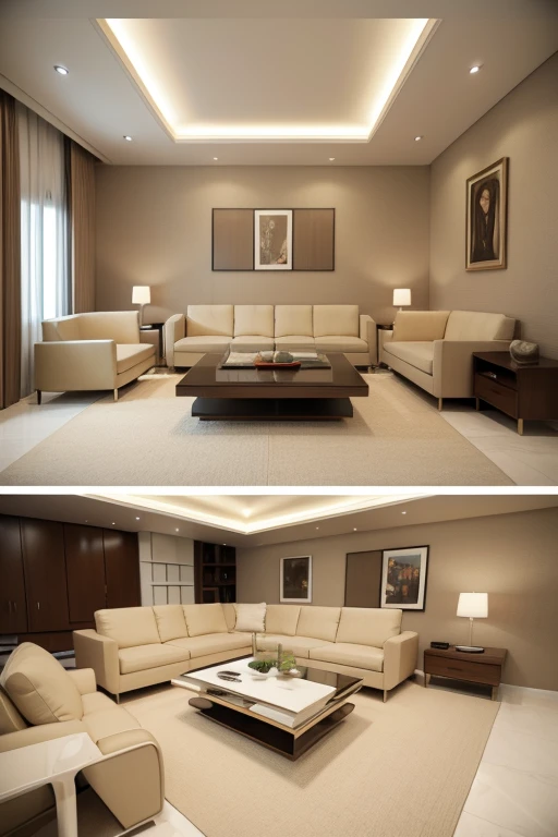 Sunken living room conversation pit 70s，retro futuristic interior design，Imaginary 3D fantasy 8K blender architectural rendering，Neutral beige color scheme 