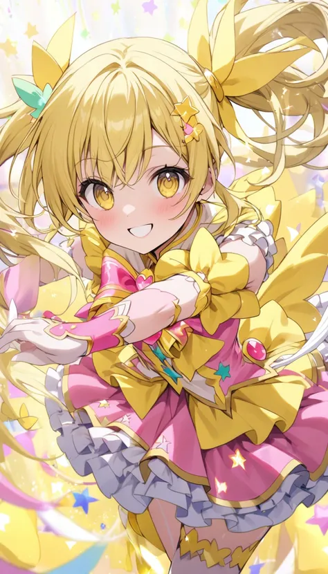 (Magical Girl 1:1.5)、Yellow Magical Girl、(Side Ponytail)、Ruffled Skirt、Yellow ribbon、butterfly々、Lots of yellow stars、Star Magic、Sparkling、lame、Glitter、White Feather、(Dancing)、smile