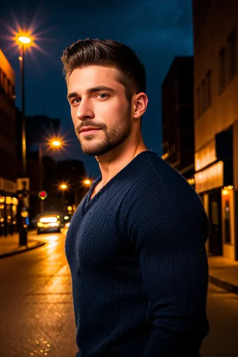 1man, RAW photo, portrait of a charismatic male fitness model, 30 years old，small beard, Sexy and charming expression，gloomy eyes，Blue eyes, captured laughing in a street at night, wearing a dark blue sweater, night city lighting, cinematic and moody, (bes...