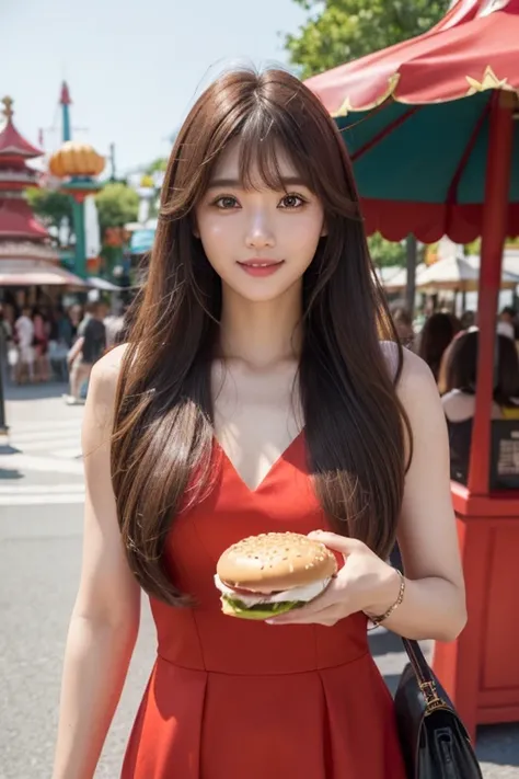 High resolution, Long Hair, , bangs, Brown Hair, Beautiful Face、chest、
165cm、２４age、Japanese、Model body type、smile、Natural Makeup、
Red dress、Black handbag、amusement park、Eating a hamburger、
