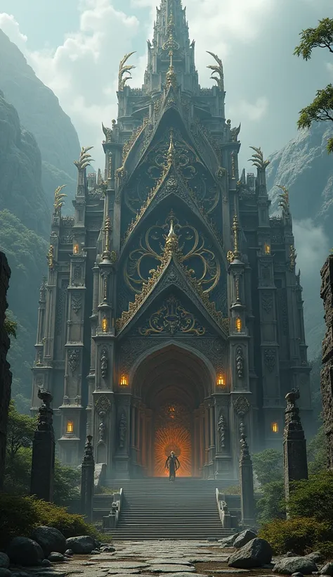 a majestic ancient european cathedral with traditional japanese architectural details, intricate and sharp decorative sculptures depicting the chaos of the worlds deities, a central imposing presence, transcendental aesthetics isolated from the background,...