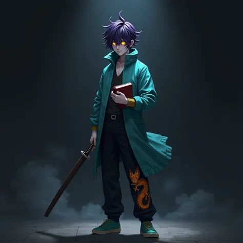 a man holding a book in his left hand, and the red sheath of a katana in his right hand, short hair with the coloration of a galaxy (purple, blue, black and white, all colors together), face hidden in the darkness only yellow eyes visible, very pale skin t...