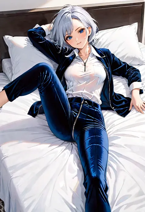 70-year-old Woman Wrinkled skin Blue square hair Black velvet pants with a zipper on crotch White shirt On a bed Smirk