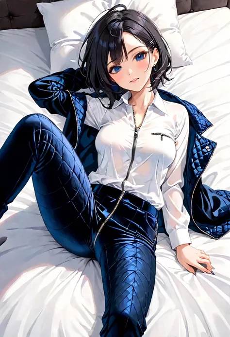 70-year-old Woman Wrinkled skin Blue square hair Black velvet pants with a zipper on crotch White shirt On a bed Smirk