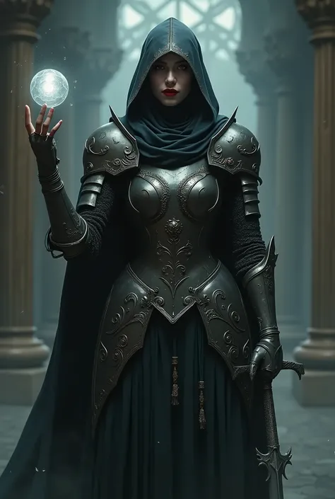 A beautiful fallen female knight radiating darkness from her entire body.. Only red lips smile under the hood. He holds a shining sword in his right hand and manifests a sacred sphere in his left hand..