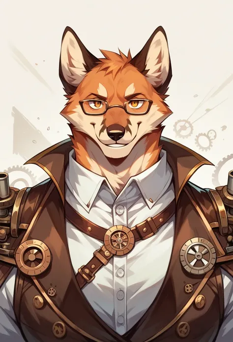 portrait of a muscular fox, steampunk clothes, with glasses, 8k, ultra clear, gears and  cog, brown leather shoulder armor, white shirt, noble expression, kind smile