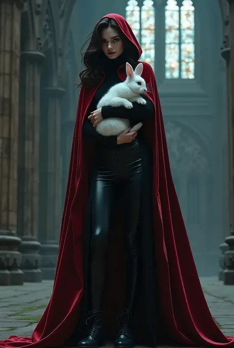 Vampire woman - full figure - medium short wavy hair raven - wearing a red hood and a red cape - a black velvet sweater - black skirt - black tights - black leather boots - holding a white bunny in her arms - Gothic cathedral in the background - Night time