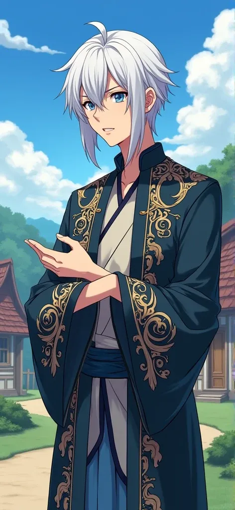 anime「Is It Wrong to Try to Pick Up Girls in a Dungeon?」Bell Cranel, the main character, is , wearing a wizard&#39;s robe, the village background, white and straight hair