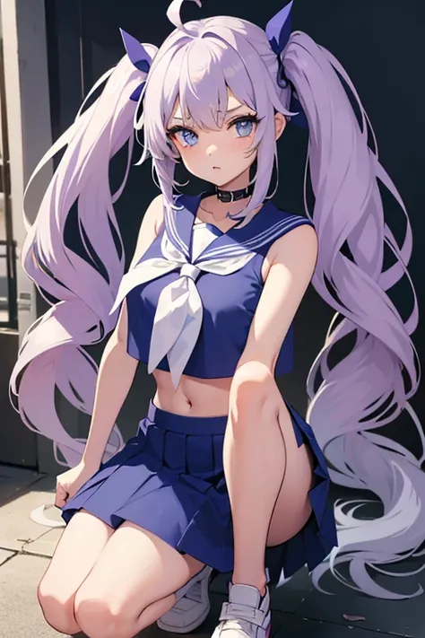 1girl, long hair, looking at viewer, blue eyes, bare shoulders, twintails, school uniform, white shirt, light purple hair, ahoge, heart, serafuku, miniskirt, blue skirt, fingernails, neckerchief, sleeveless shirt, blue sailor collar, midriff peek,slav squa...