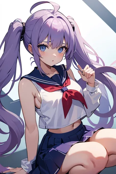 1girl, long hair, looking at viewer, blue eyes, bare shoulders, twintails, school uniform, white shirt, light purple hair, ahoge, heart, serafuku, miniskirt, blue skirt, fingernails, neckerchief, sleeveless shirt, blue sailor collar, midriff peek,slav squa...