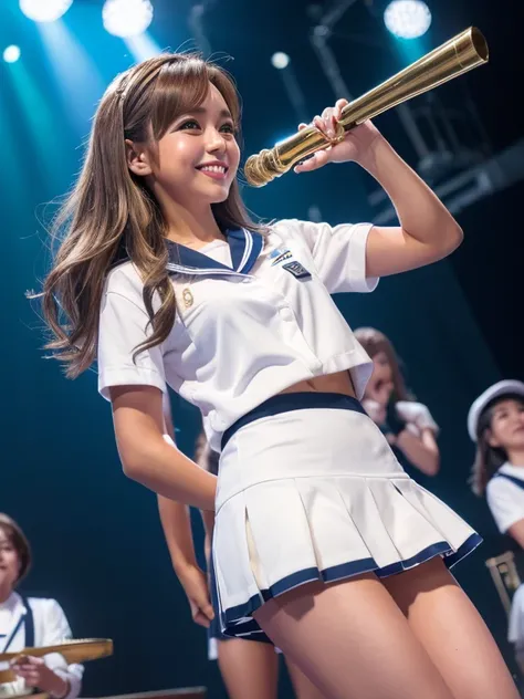 (RAW Photos, Realistic:1.4), Please redeem, masterpiece, 1 girl, Small brass,Clevis, Brown Hair, Brown eyes,   smile, lips,expensive 、White Sailor Suit、Micro Mini Skirt、Blowing in the Wind、Skirt flip、8k, Stage Lighting,  smile