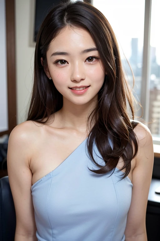 8k, High resolution, Very detailed, One Girl,Age 20, The best smile, Very cute eyes, Cityscape in the background, Artistic、Very detailed depiction, Office , Topless and wearing a shirt,whole body,Friendly,Light brown hair, (Glowing Skin), Marunouchi Office...