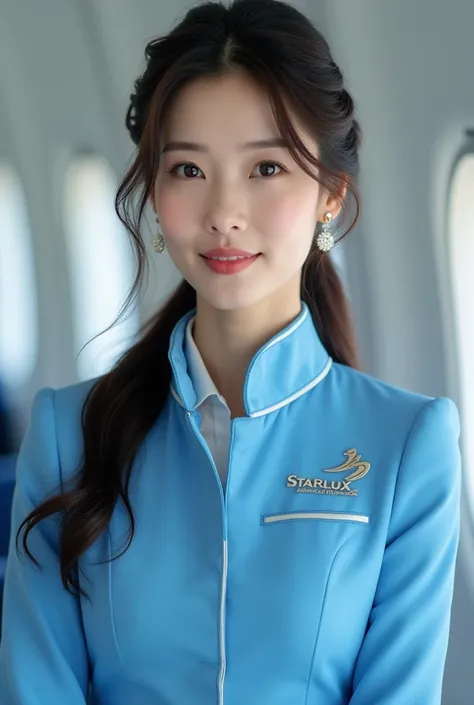 Waist shot, Starlux Airlines sky blue stewardess uniform、Earrings、Captivating look、Long hair updo、Evening updo、Young Japanese Woman, beautiful face,