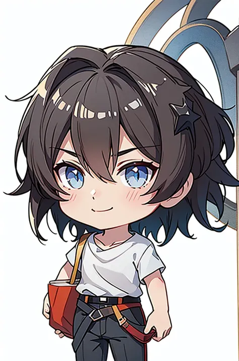 masterpiece, best quality, chibi,
, one person, focus on men,, short hair,black hair,bangs,blue eyes,smile,white shirt,pants,bel...