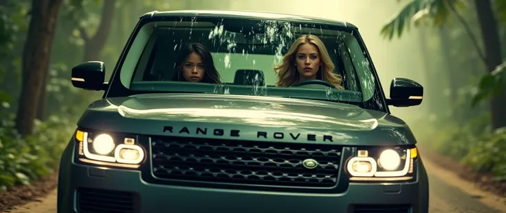 8k,Realistic、Photorealistic、A beautiful blonde 1 French woman driving a Range Rover、There&#39;s a young French girl in the passenger seat.、A large creature is chasing you from behind、The background is the jungle、