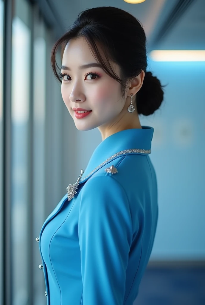 Waist shot, Starlux Airlines sky blue stewardess uniform、Earrings、Captivating look、Evening updo、Young Japanese Woman, beautiful face,