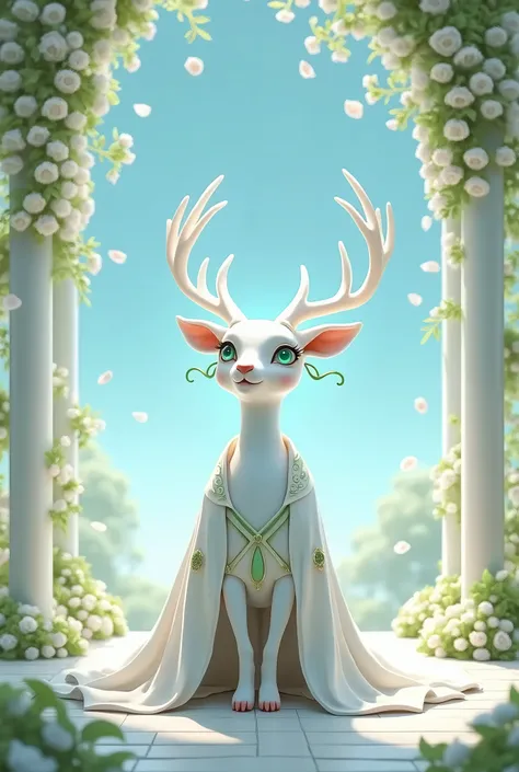 a white deer，white robe，green decoration，Green pupils，shawl，blue sky，pavilion，Wisteria rose，falling petals，Sitting in a pavilion，crystal pupil，antlers，Crystal pupils，Look up at the sky，Clear face, 3D style

