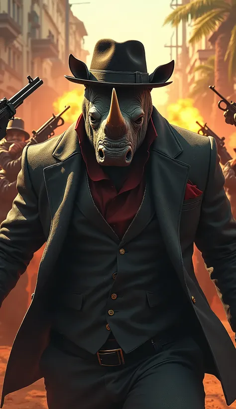 describe Cambodia with Rhino head with human body, epic and scary looking with cinematic style, colorful background, mafia style, wearing mafia clothes and accessories, fighting a gang with Thompson submachine gun with his gang, cool looking