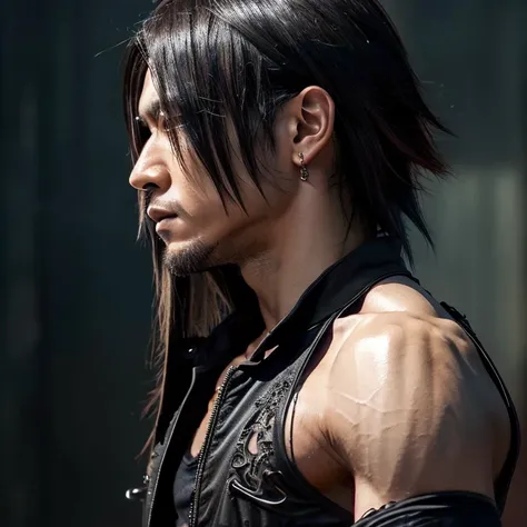 1 man, Japanese man, male, Asian eyes, muscular, broad shoulders, hairstyle Visual Kei style, hair Visual Kei, black mens shirt and black pants, ultra detailed face, hyperrealistic, realistic representation, shoulder-length hair,  40 years old, age 40 year...