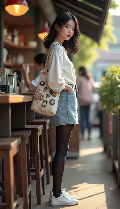 Standing in Line for a Café Drink: A gorgeous female, mixed race (Asian and Latina). She’s dressed in a simple, oversized white shirt tucked into a light blue denim skirt with black pantyhose and white sneakers. Her black hair is shoulder-length and pulled...