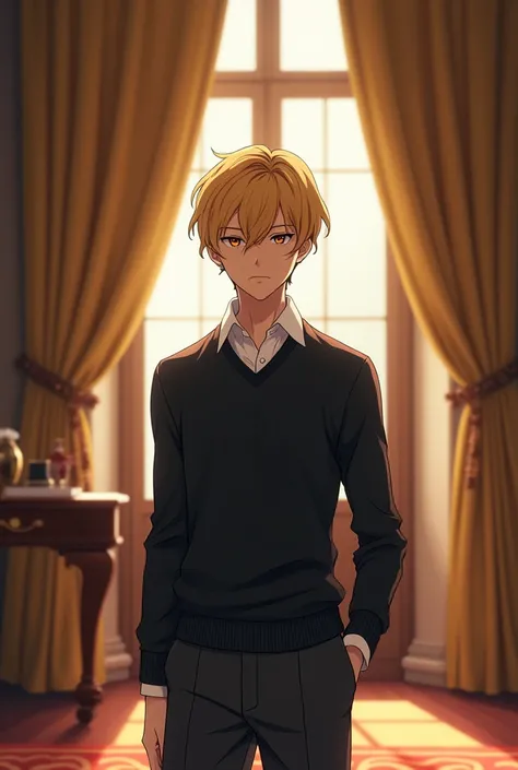 Dark blonde anime boy who is shy and handsome. Wearing loro piana clothing. Stately short hair. Snobby inside his big house 