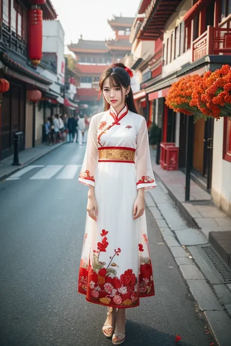 Girl standing on the street surrounded by red flowers，Chinese culture theme style，Romantic and nostalgic theme， lumix s pro 50mm f/1。 4.light white and light amber，transparent/半transparent中等，grace，Embroidery--ar 1:2 --stylize 750 --niji 6