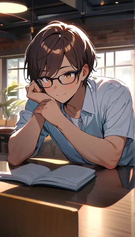 1 person,Handsome Boy, Brown Hair, short hair,Glasses, Cafe,Ultra-fine,Introvert,Brown eyes,masterpiece, Reflected Light, Bright Eyes, White shirt,relax,Thinking,Look Away,Books,smile, Blushing, 